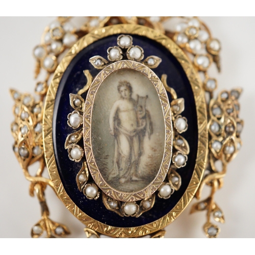 401 - A Regency parcel gilt silver seed pearl and enamel set oval pendant, with inset ivory panel of a sem... 