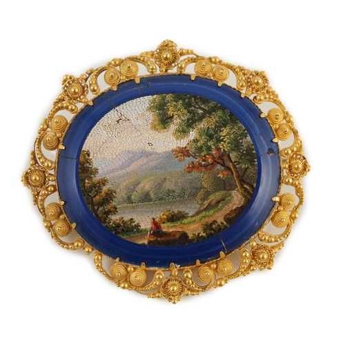 402 - A 19th century Italian gold mounted micro-mosaic oval brooch, depicting a countryside scene, 54mm, g... 