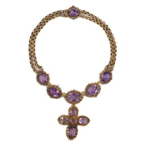 405 - An early 19th century gold and eleven stone oval cut amethyst set pendant necklace and a similar cro... 