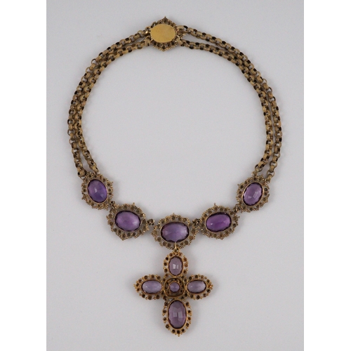 405 - An early 19th century gold and eleven stone oval cut amethyst set pendant necklace and a similar cro... 