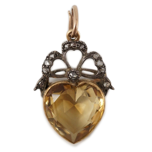 408 - A Victorian gold and silver, rose cut diamond and heart shaped citrine set pendant, 26mm, gross weig... 