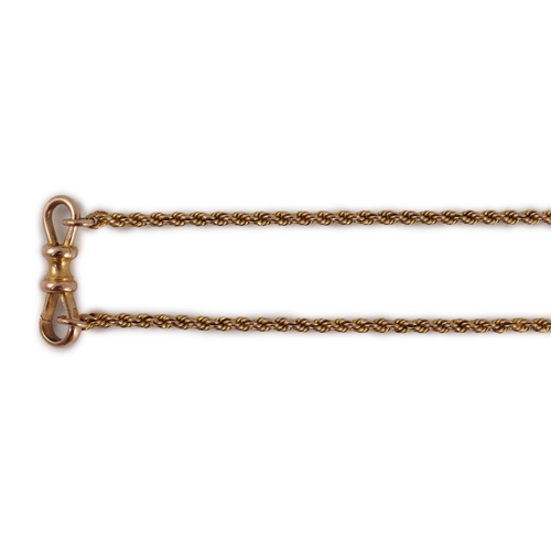 409 - An early 20th century 15ct gold rope twist guard chain, 146cm, 33.5 grams.