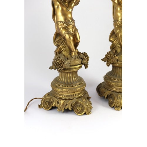 41 - A pair of Victorian style ormolu table lamps, each with bacchic putto stem, on scroll feet, 50cm hig... 