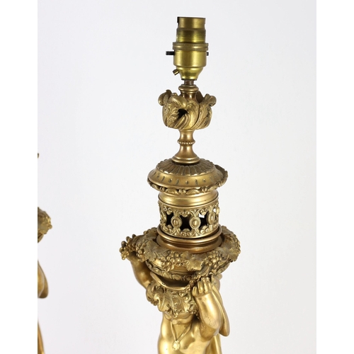 41 - A pair of Victorian style ormolu table lamps, each with bacchic putto stem, on scroll feet, 50cm hig... 