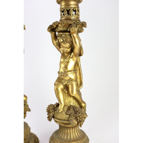 41 - A pair of Victorian style ormolu table lamps, each with bacchic putto stem, on scroll feet, 50cm hig... 