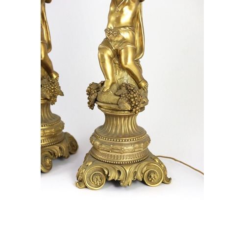 41 - A pair of Victorian style ormolu table lamps, each with bacchic putto stem, on scroll feet, 50cm hig... 