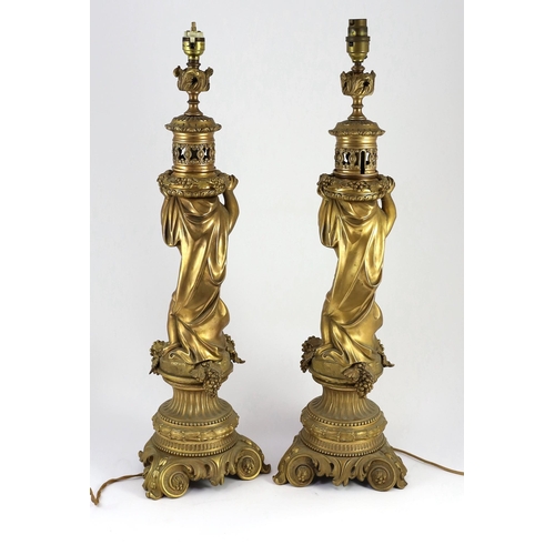 41 - A pair of Victorian style ormolu table lamps, each with bacchic putto stem, on scroll feet, 50cm hig... 