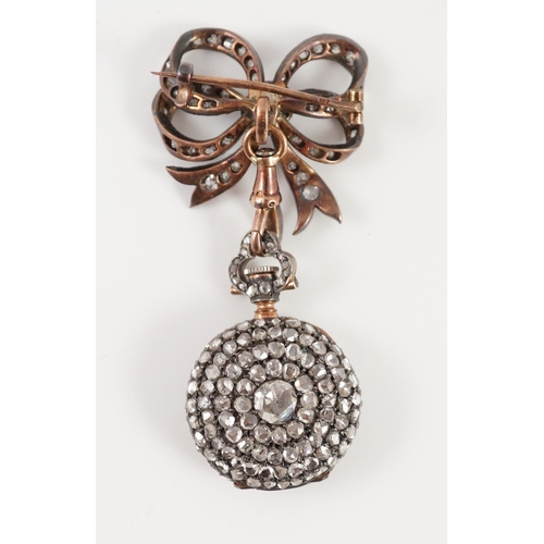 413 - A late 19th century/early 20th century French 18ct gold and rose cut diamond encrusted fob lapel wat... 