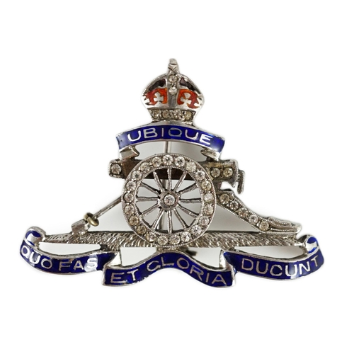 420 - A white gold two colour enamel and diamond chip set Royal Artillery sweethearts brooch, 4cm, gross w... 