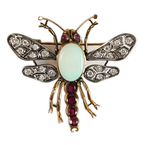 424 - An early 20th century gold and silver, white opal, ruby and diamond set bug brooch, 42mm, gross weig... 