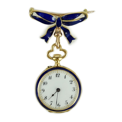 425 - An early 20th century continental gold, diamond chip and blue enamel set open faced fob watch, on a ... 