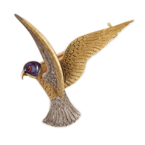 429 - An early 20th century two colour 18ct gold, 15ct gold and enamel set brooch, modelled as a bird of p... 