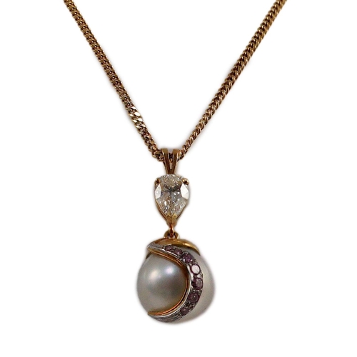 440 - A modern gold, single stone South Sea pearl, single stone pear cut diamond and graduated seven stone... 