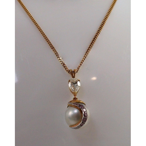 440 - A modern gold, single stone South Sea pearl, single stone pear cut diamond and graduated seven stone... 