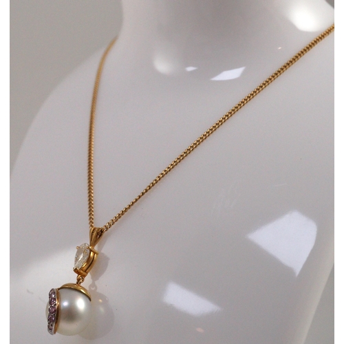 440 - A modern gold, single stone South Sea pearl, single stone pear cut diamond and graduated seven stone... 