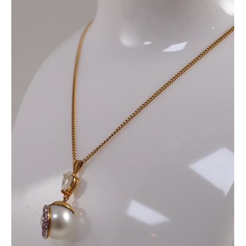 440 - A modern gold, single stone South Sea pearl, single stone pear cut diamond and graduated seven stone... 