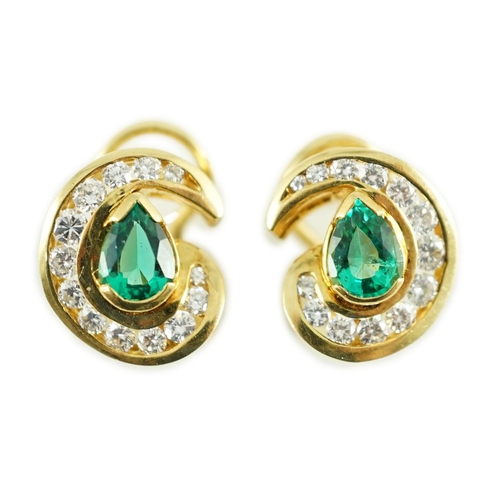 441 - A modern pair of gold (tests as 18ct), emerald and diamond set scrolling cluster earrings, total eme... 