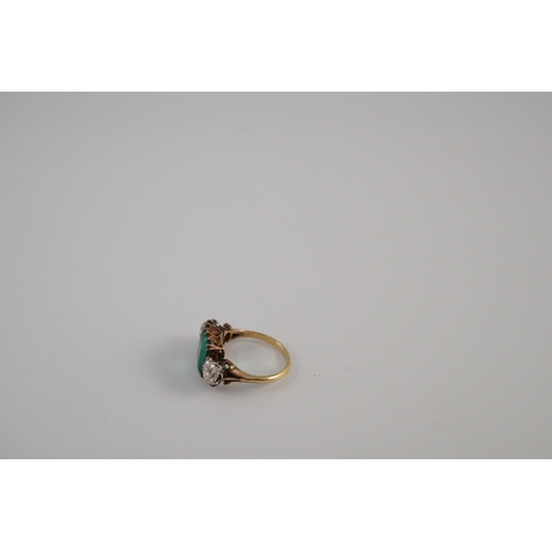 442 - An early 20th century 18ct gold, square cut single stone emerald and two stone cushion cut diamond s... 