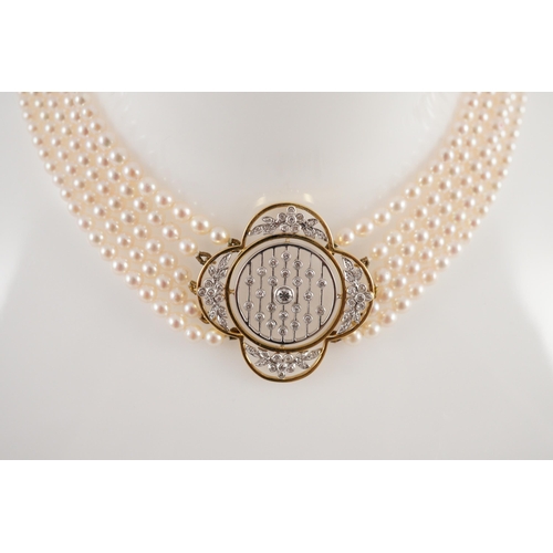 443 - A quintuple strand seed pearl choker necklace, with pierced gold, platinum and diamond cluster set q... 