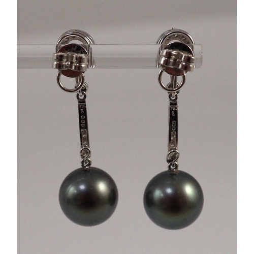 452 - A modern pair of single stone South Sea Tahitian pearl style and diamond chip set drop earrings, eac... 