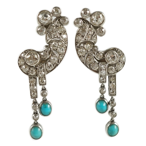 454 - A pair of white gold, diamond and turquoise cluster set scroll drop ear clips, 42mm, gross weight 11... 