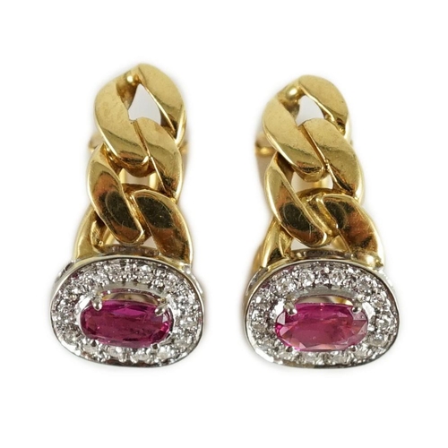 459 - A pair of modern Italian 750 yellow metal curblink, pink sapphire and diamond chip set oval earclips... 