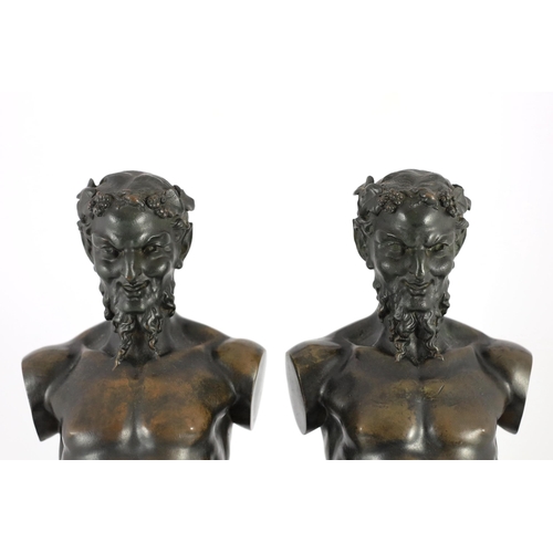 46 - A pair of early 20th century French bronze terms, each in the form of a satyr, 16cm wide 62cm high... 