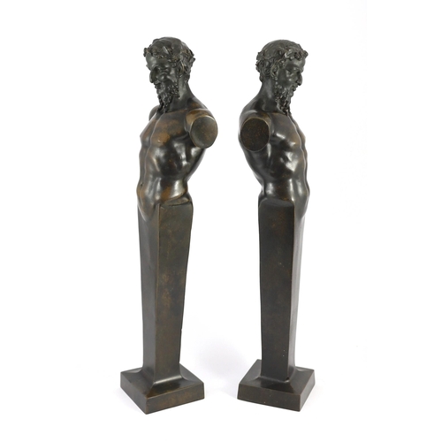 46 - A pair of early 20th century French bronze terms, each in the form of a satyr, 16cm wide 62cm high... 