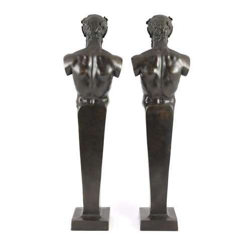 46 - A pair of early 20th century French bronze terms, each in the form of a satyr, 16cm wide 62cm high... 