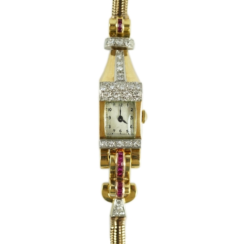 474 - A lady's 1950's gold, ruby and diamond set manual wind rectangular dial cocktail watch, with Arabic ... 