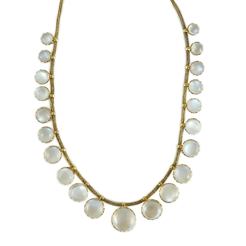 475 - A gold and graduated twenty one stone cabochon moonstone set fringe necklace, 38cm, gross weight, gr... 