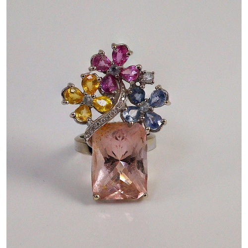 482 - A large modern 14k white gold, morganite, four colour sapphire (including colourless) and diamond ch... 