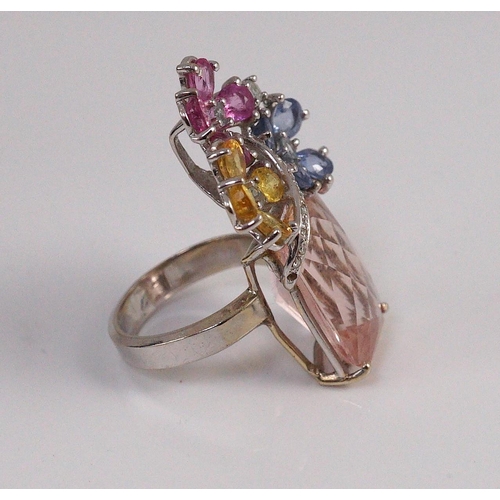 482 - A large modern 14k white gold, morganite, four colour sapphire (including colourless) and diamond ch... 