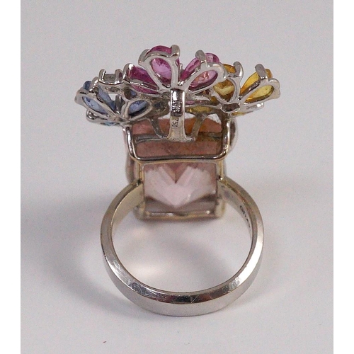 482 - A large modern 14k white gold, morganite, four colour sapphire (including colourless) and diamond ch... 