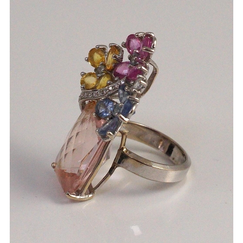 482 - A large modern 14k white gold, morganite, four colour sapphire (including colourless) and diamond ch... 