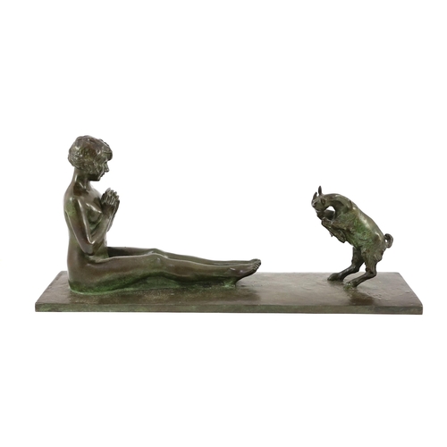 51 - After Paul Silvestre (French, 1884-1976).  A patinated Art Deco bronze group of a Bacchante and faun... 