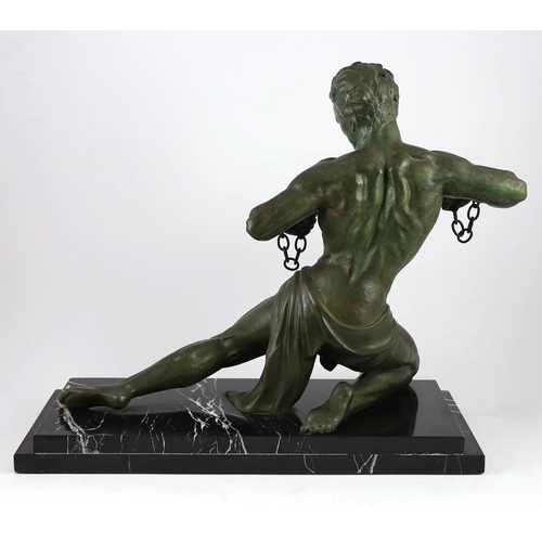 54 - Jean De Roncourt. A French Art Deco bronze 'Hercule brisant ses chaînes', on stepped marble plinth, ... 