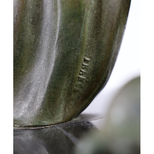 54 - Jean De Roncourt. A French Art Deco bronze 'Hercule brisant ses chaînes', on stepped marble plinth, ... 