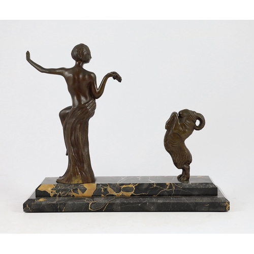 55 - Henri Auguste Payen. An Art Deco bronze group of a female dancer and a rearing goat, on stepped marb... 