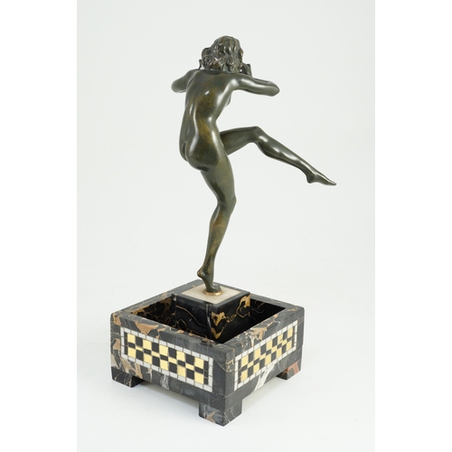 58 - Pierre Le Faguays (1892-1962). An Art Deco bronze figure of a female pan piper, standing holding one... 