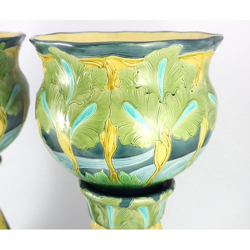 62 - A pair of Burmantofts Art Nouveau faience jardinieres on matching pedestals, c.1900, impressed marks... 