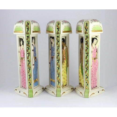 67 - Three Limoges for Maison Duchaussy Art Deco ceramic 'Three Continents' perfume burners, one with ori... 