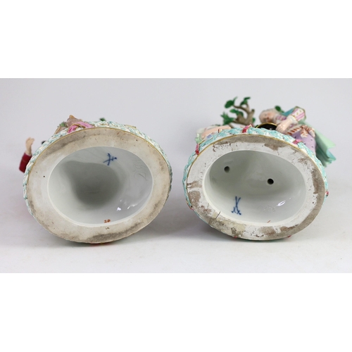 76 - A pair of Meissen groups of apple pickers and flower gatherers, 19th century, blue crossed swords ma... 