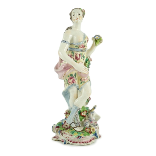 82 - A Bow porcelain figure of Venus, c.1760, the figure standing and holding a bunch a posy of flowers, ... 