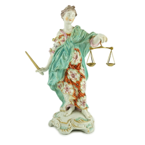 83 - A large Derby figure of Justice, c.1775, standing and holding a sword in her right hand and scales i... 