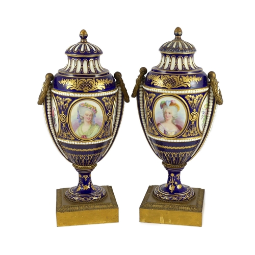 88 - A pair of English porcelain Sevres style ormolu mounted vases and covers, mid 19th century, each fin... 