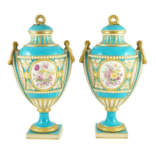 89 - A pair of Minton Sevres style vases and covers, mid 19th century, each finely painted with floral bo... 