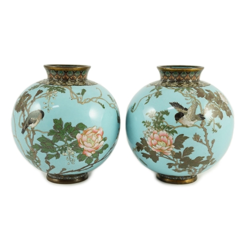 93 - A pair of Japanese silver and copper wire cloisonné enamel vases, Meiji period, each of globular for... 