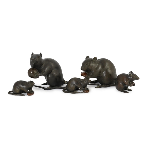 94 - An assembled group of five Japanese bronze and mixed metal models of rats, Meiji period, each rat ho... 