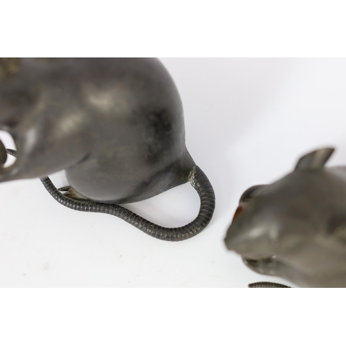 94 - An assembled group of five Japanese bronze and mixed metal models of rats, Meiji period, each rat ho... 